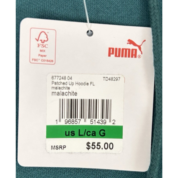 Puma Patched Up Men's Large Hoodie Malachite Teal Green Pullover Sweatshirt L - Picture 6 of 11